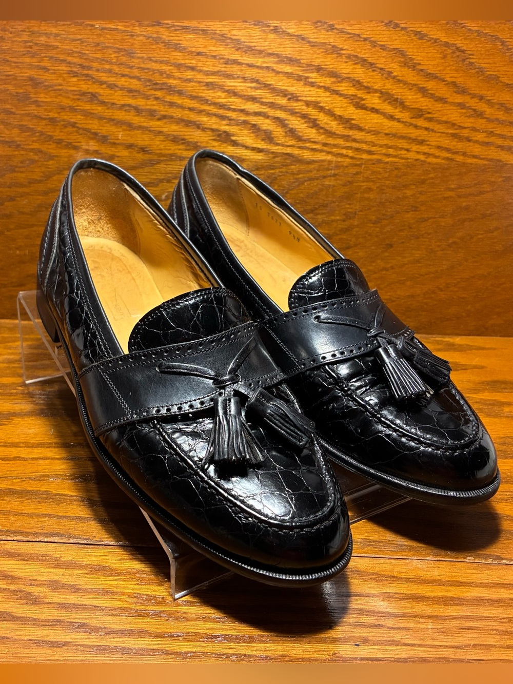 VTG Johnston & Murphy ITALY MADE Croc Embossed Tassel Loafers Black Men’s 9.5